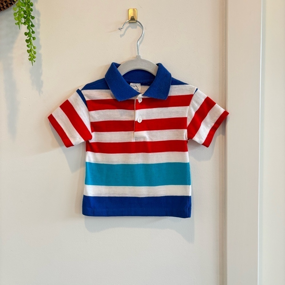 Knitite Vintage 80's Boys Wide Striped Short Sleeve Polo Shirt Size 2 Made U.S.A